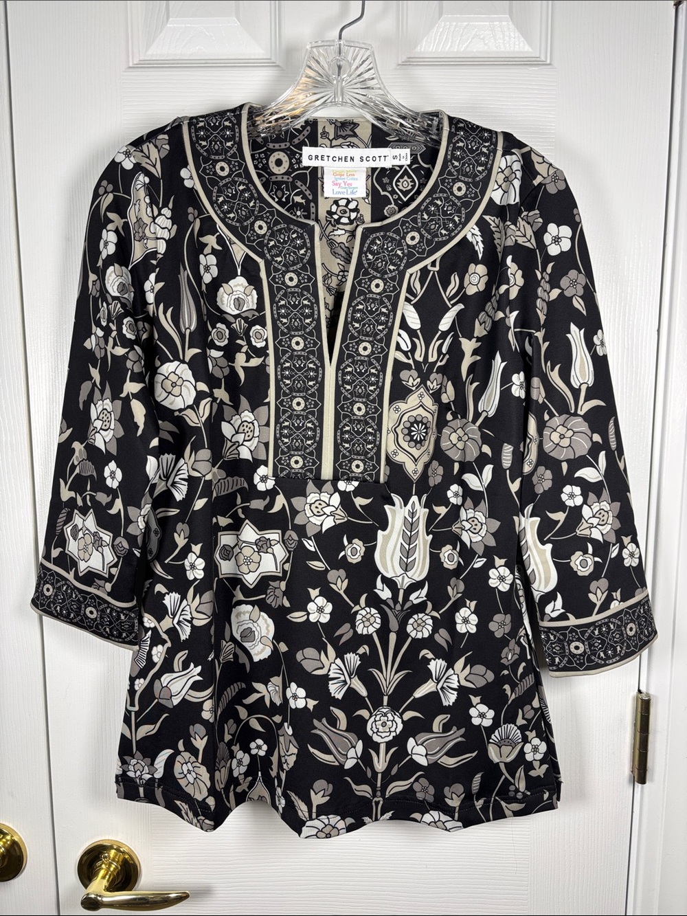 Gretchen Scott Designs Black and Gray Floral Tunic Small